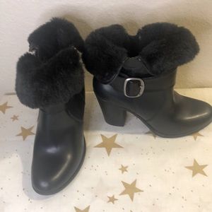 Croft & Barrow Black Heeled Boots with buckle and fold over faux fur cuffed tops